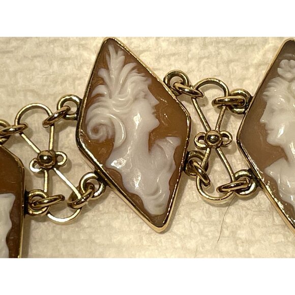 14K Gold Carved Shell Cameo Bracelet 6" With Geometric Diamond Design - Picture 10 of 16